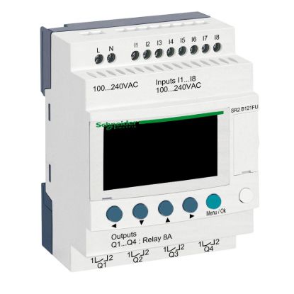 Picture of compact smart relay, Zelio Logic SR2 SR3, 12 IO, 100 to 240V AC, clock, display