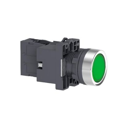 Picture of Complete illuminated push button, Easy Harmony XA2, plastic, flush, green, 22mm, spring return, 24V AC DC, 1NO