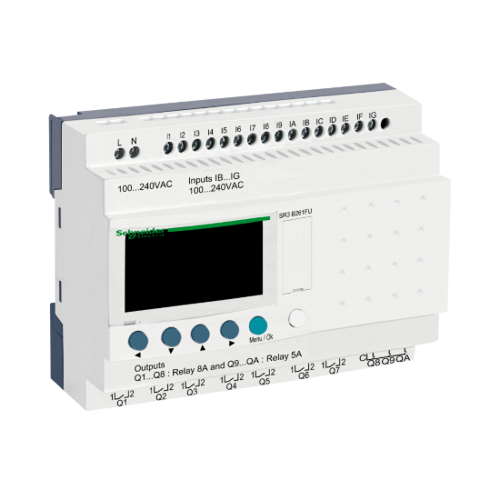 Picture of modular smart relay, Zelio Logic SR2 SR3, 26 IO, 100 to 240V AC, clock, display