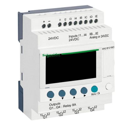 Picture of compact smart relay, Zelio Logic SR2 SR3, 12 IO, 24V DC, clock, display, 4 relay outputs